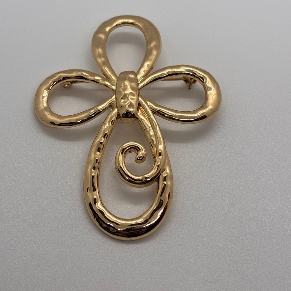 Vintage Gold Tone Cross Brooch Large Sculptural Ribbon Designer Pin - Picture 6 of 9